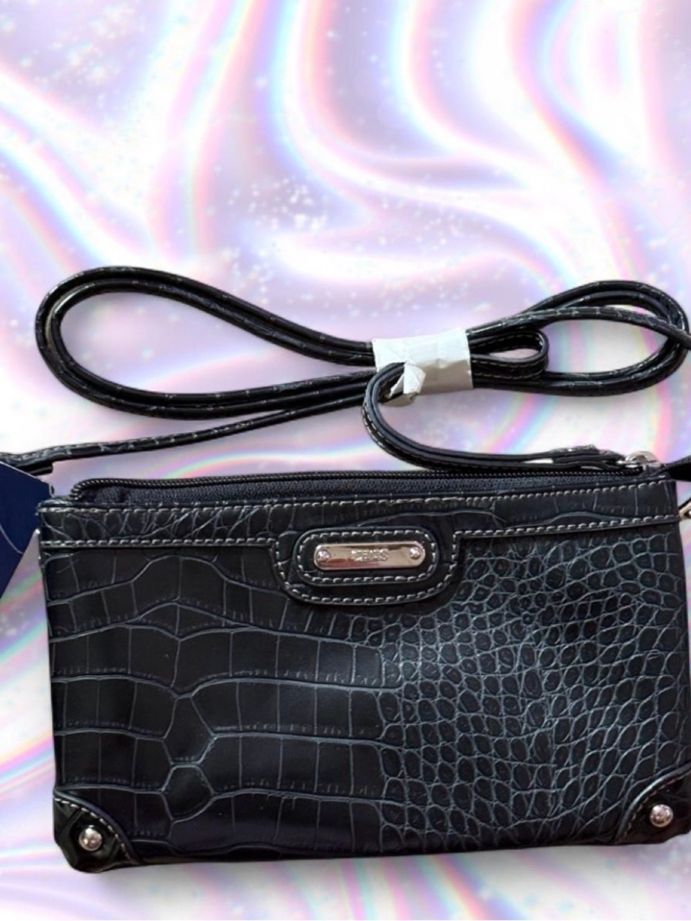 Chaps Black Croc-Embossed Crossbody Wallet